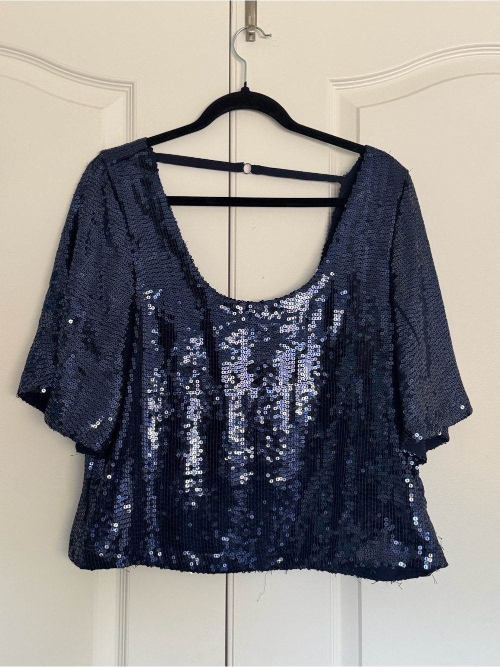 Free People Navy Sequin Scoop Neck Top